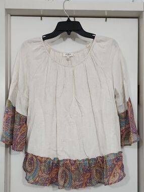 Umgee Cream Blouse with Multicolor Paisley Trim